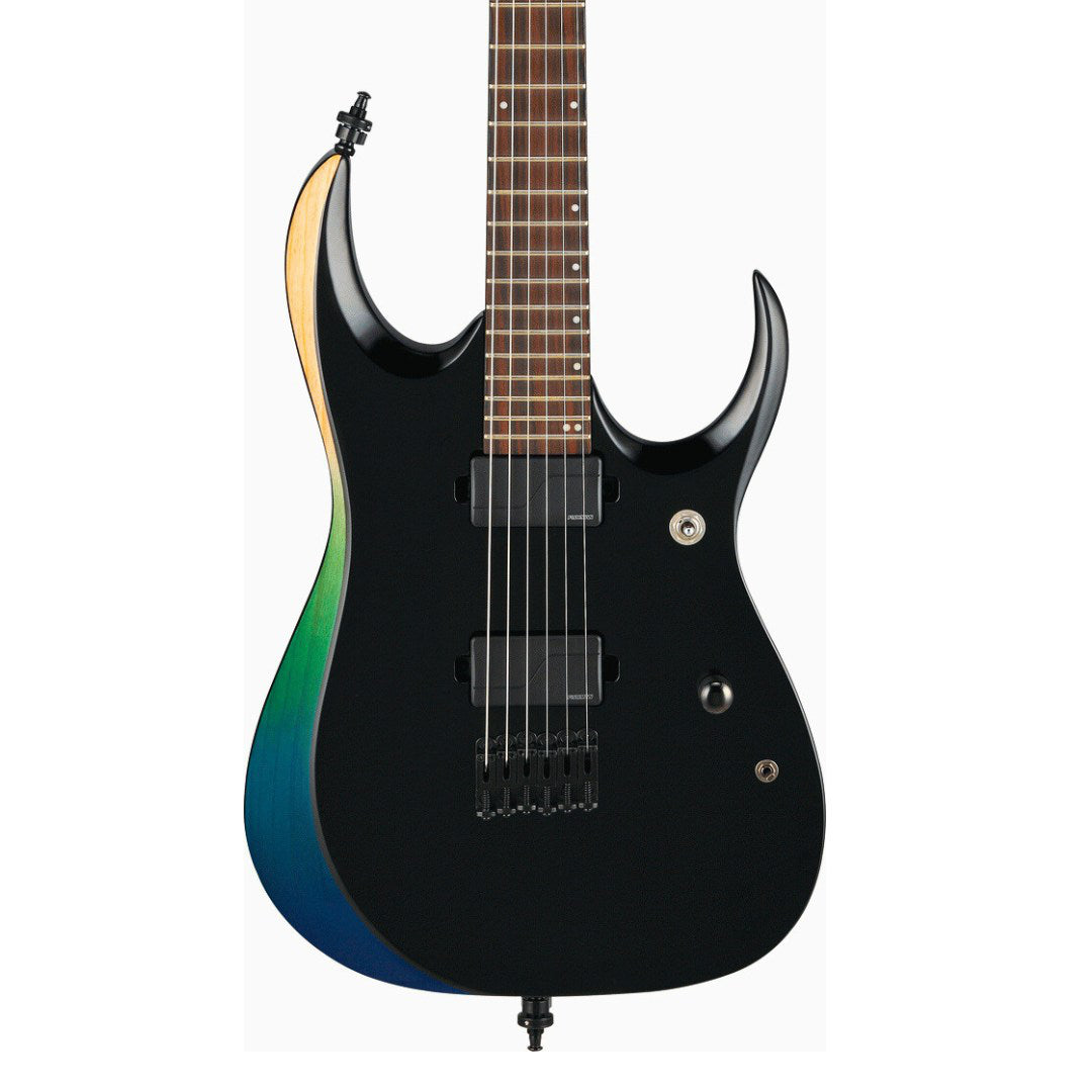 Black electric guitar with a gradient blue and green body on a white background