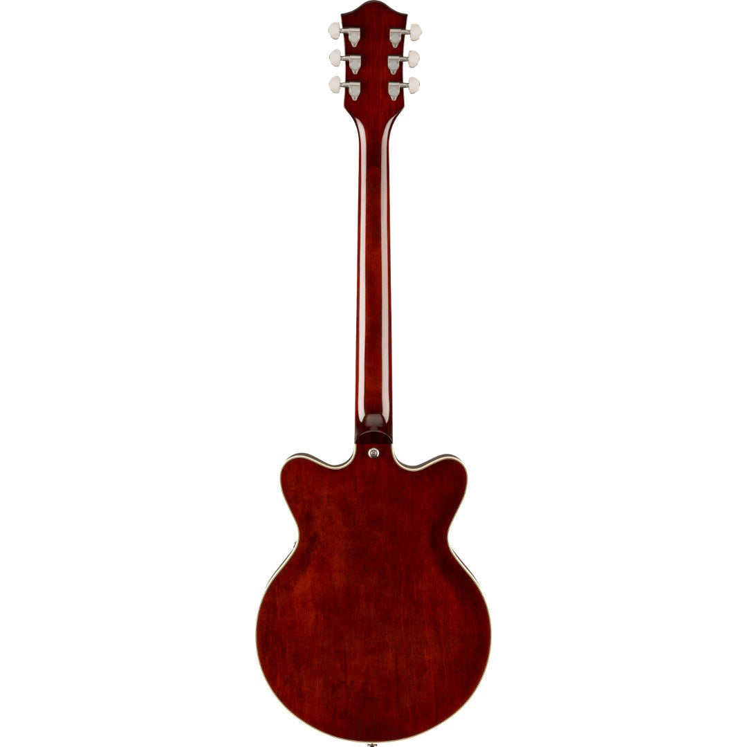 Back view of a brown electric guitar on a white background