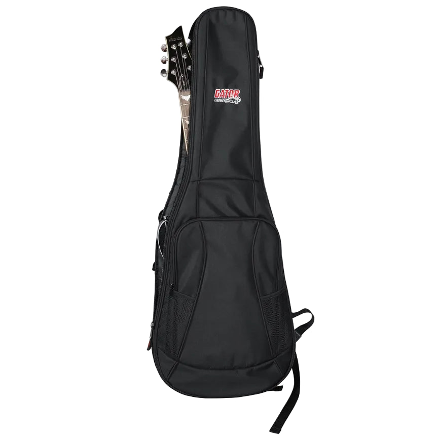 Black guitar case with a brand logo on a white background