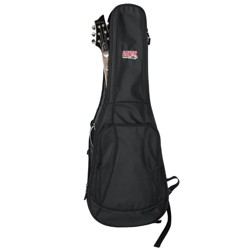 Black guitar case with a brand logo on a white background