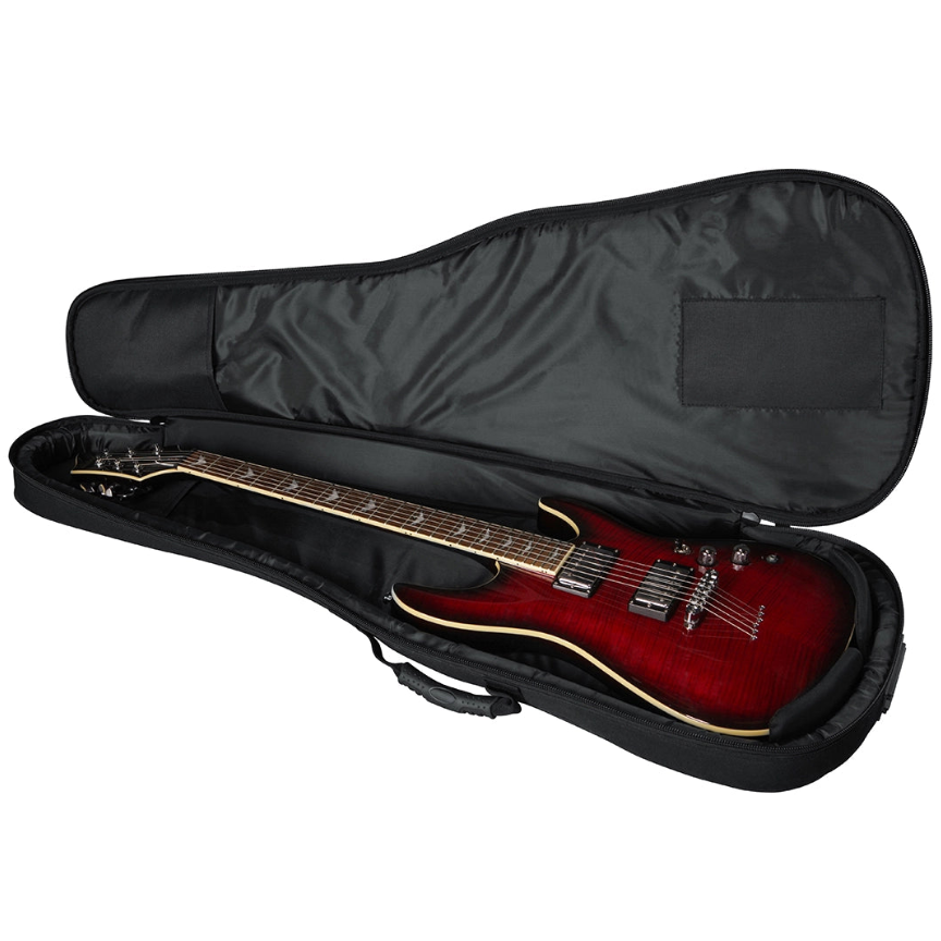 Black guitar case with a red electric guitar inside on a white background