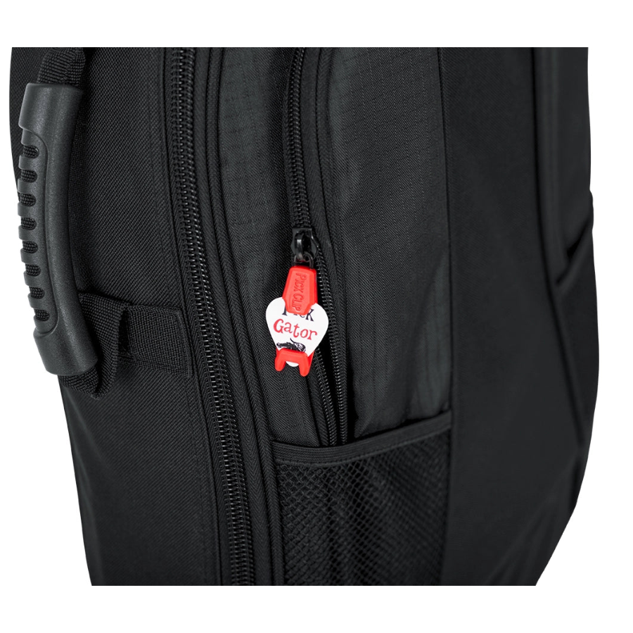 Black backpack with a visible brand tag on a white background