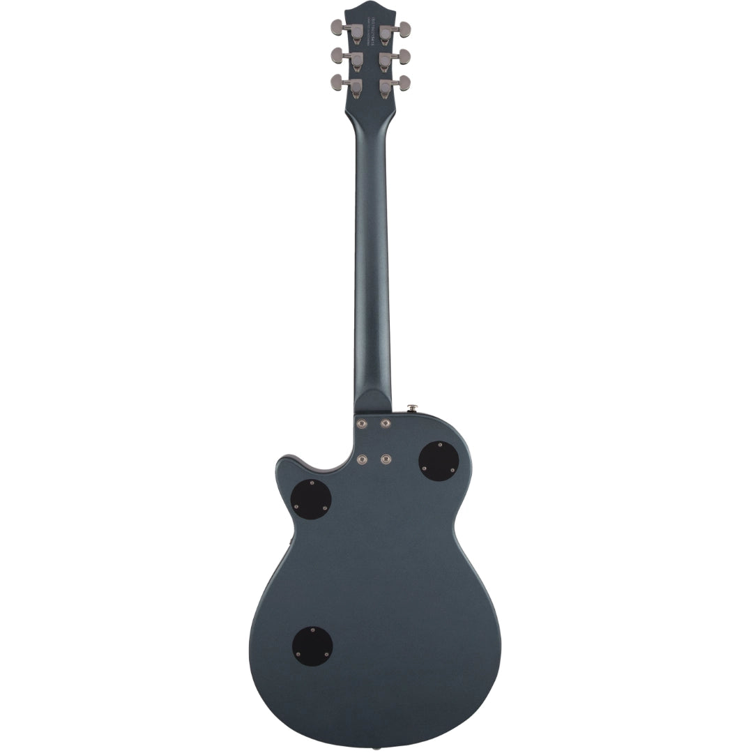 Black electric guitar on a white background
