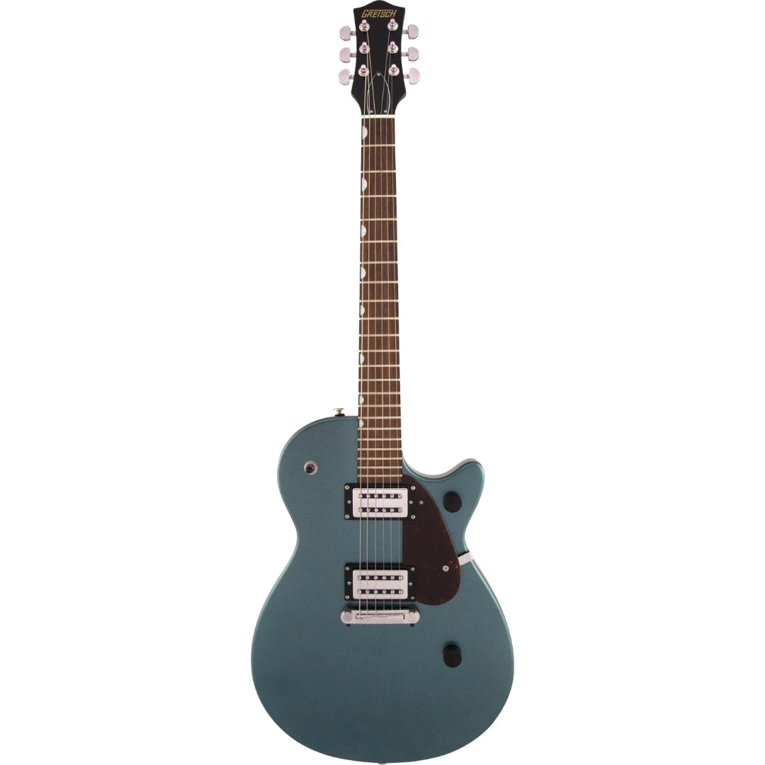 Electric guitar with a blue body on a white background