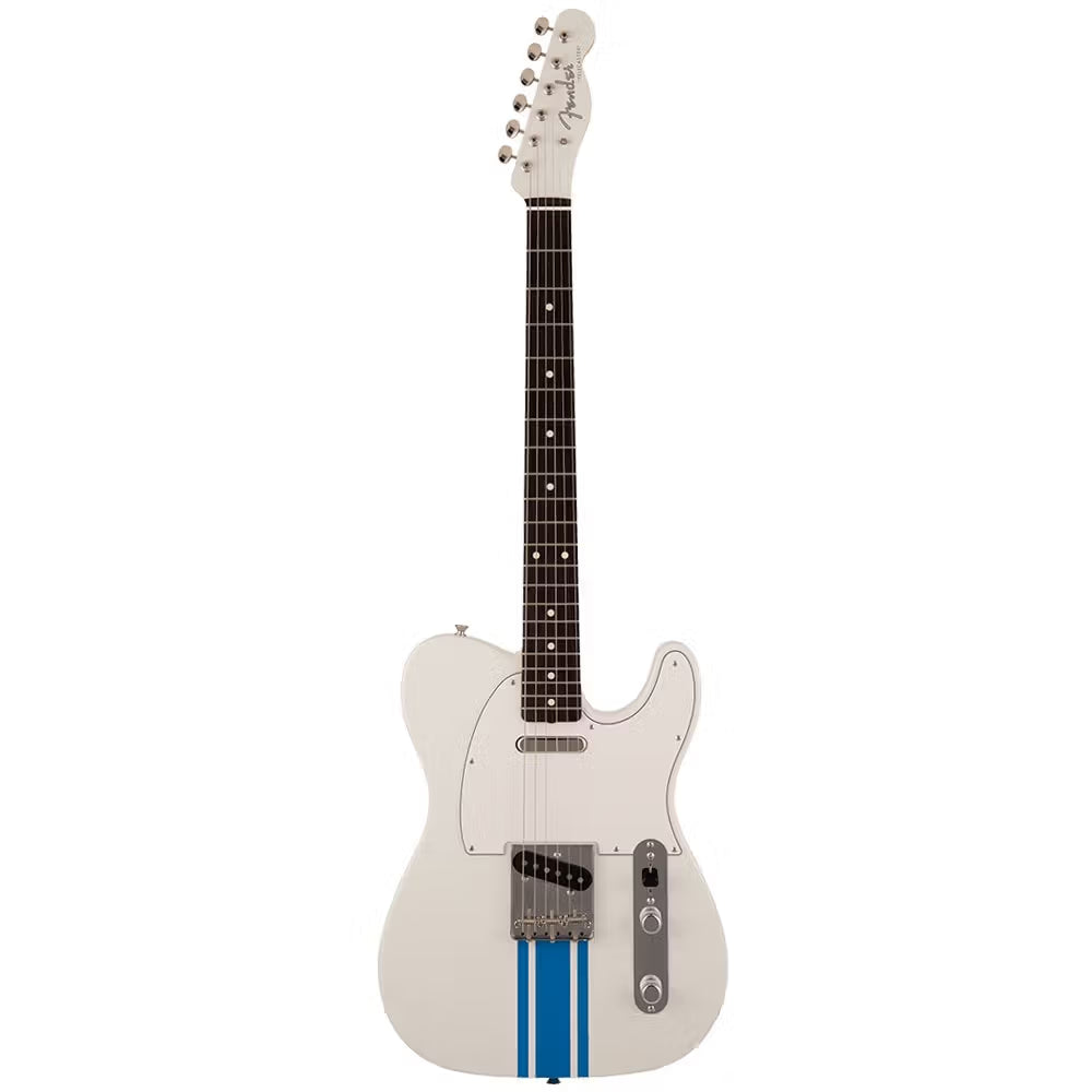 White electric guitar with blue stripes on a white background