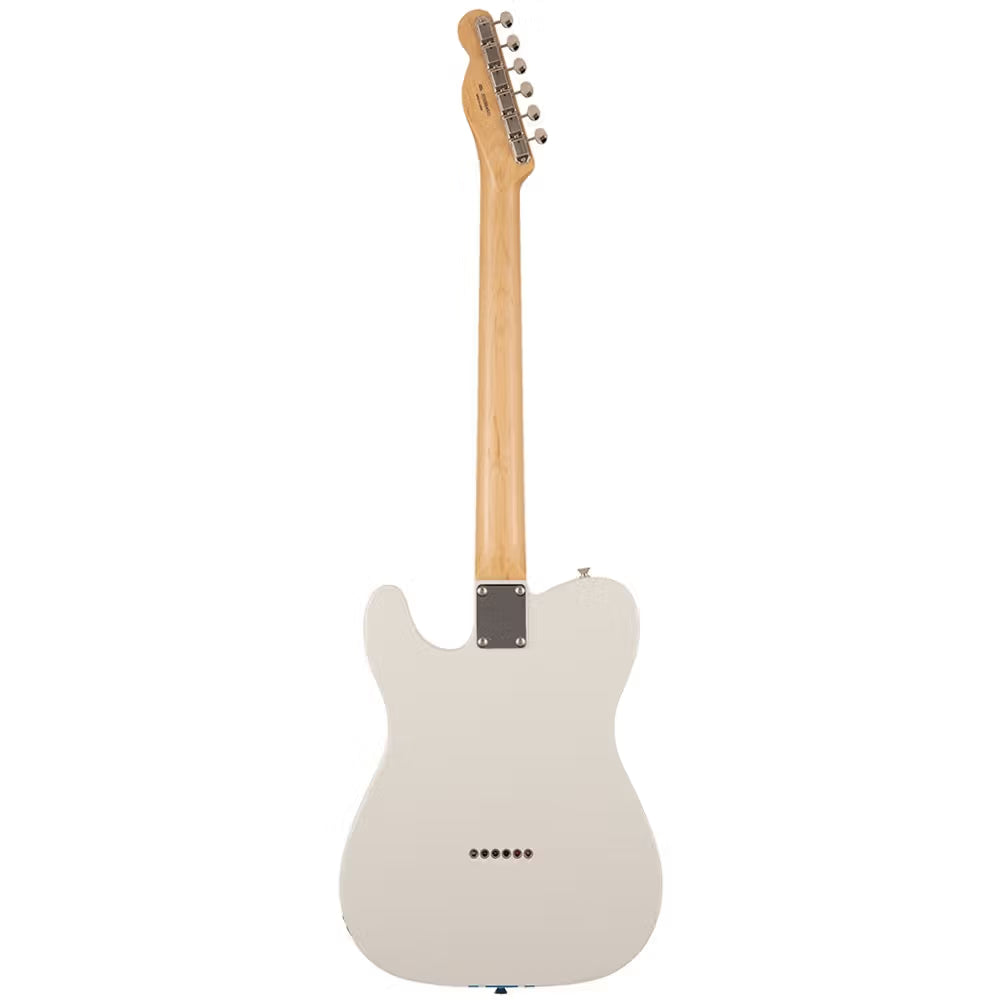 White electric guitar with a wooden neck on a white background