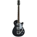 Black electric guitar on a white background