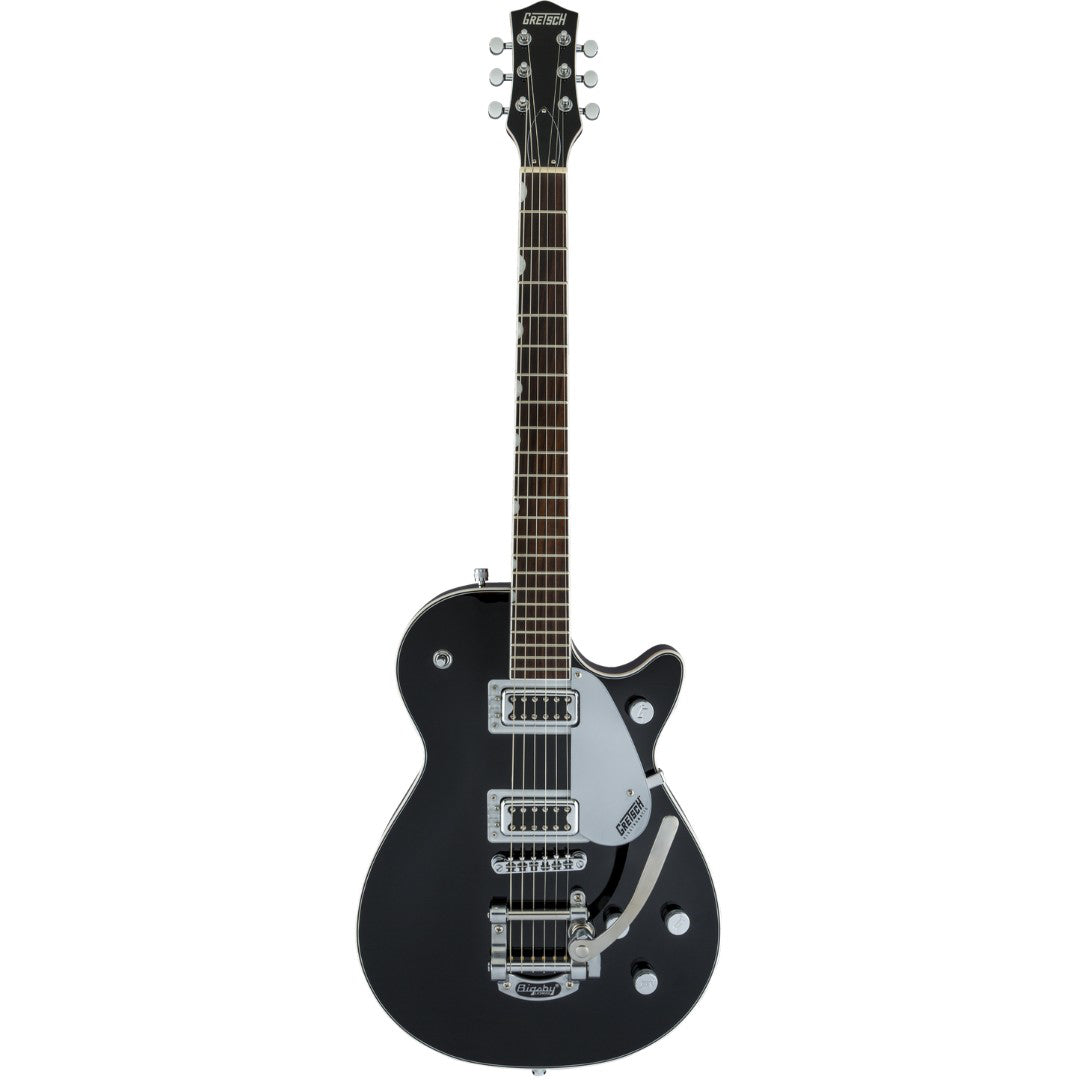 Black electric guitar on a white background