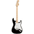 Black electric guitar with a maple neck on a white background