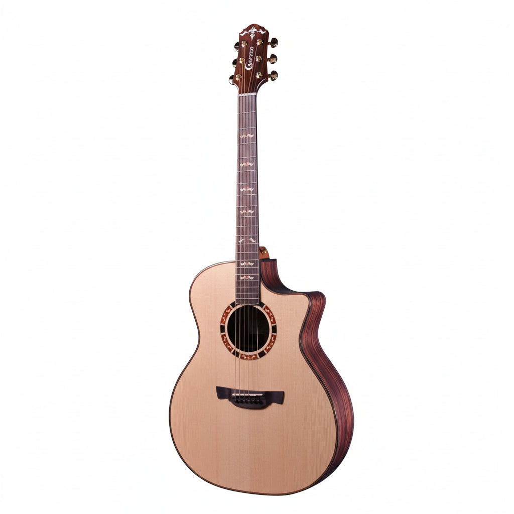 Acoustic guitar with a cutaway on a white background