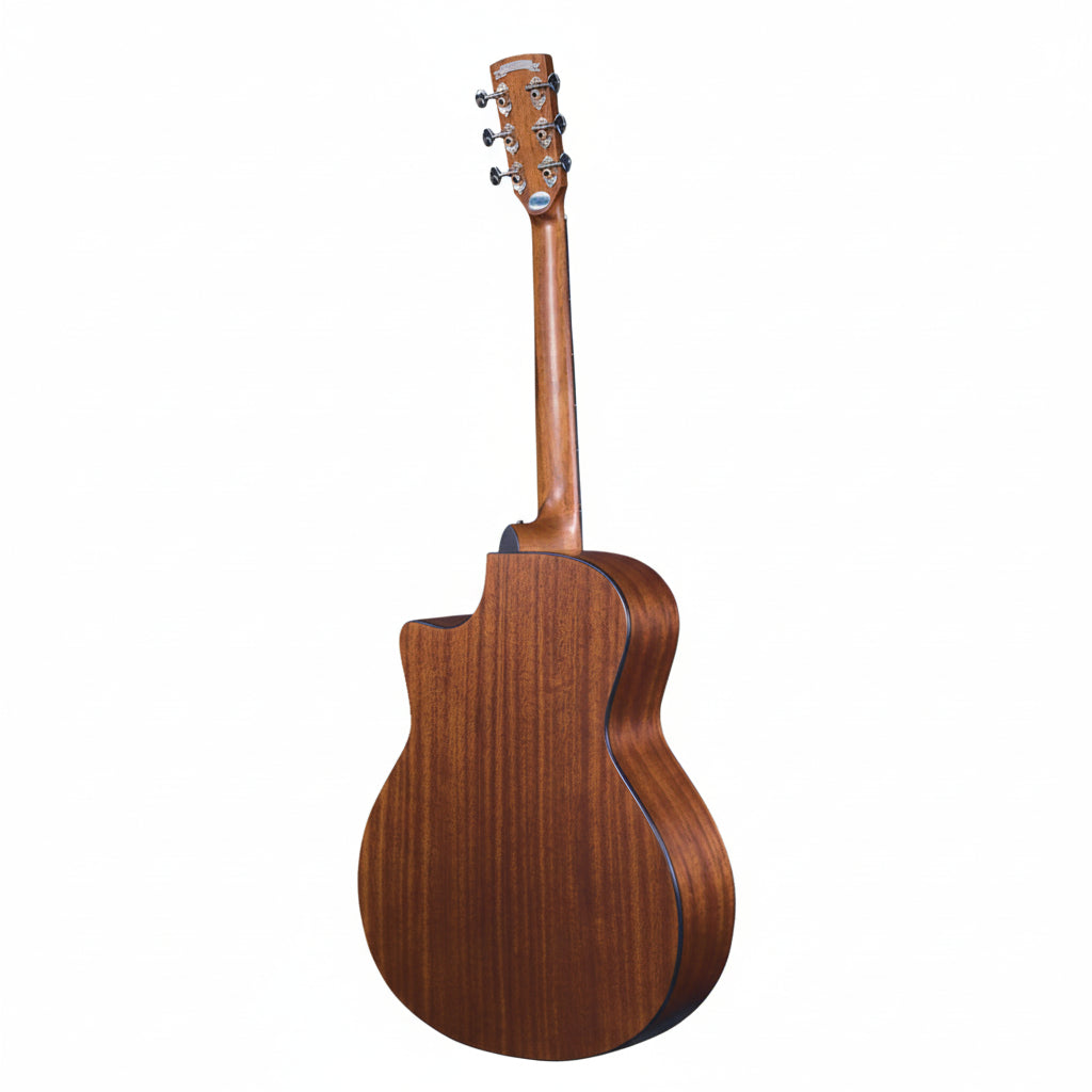 Acoustic guitar with a wooden finish on a white background