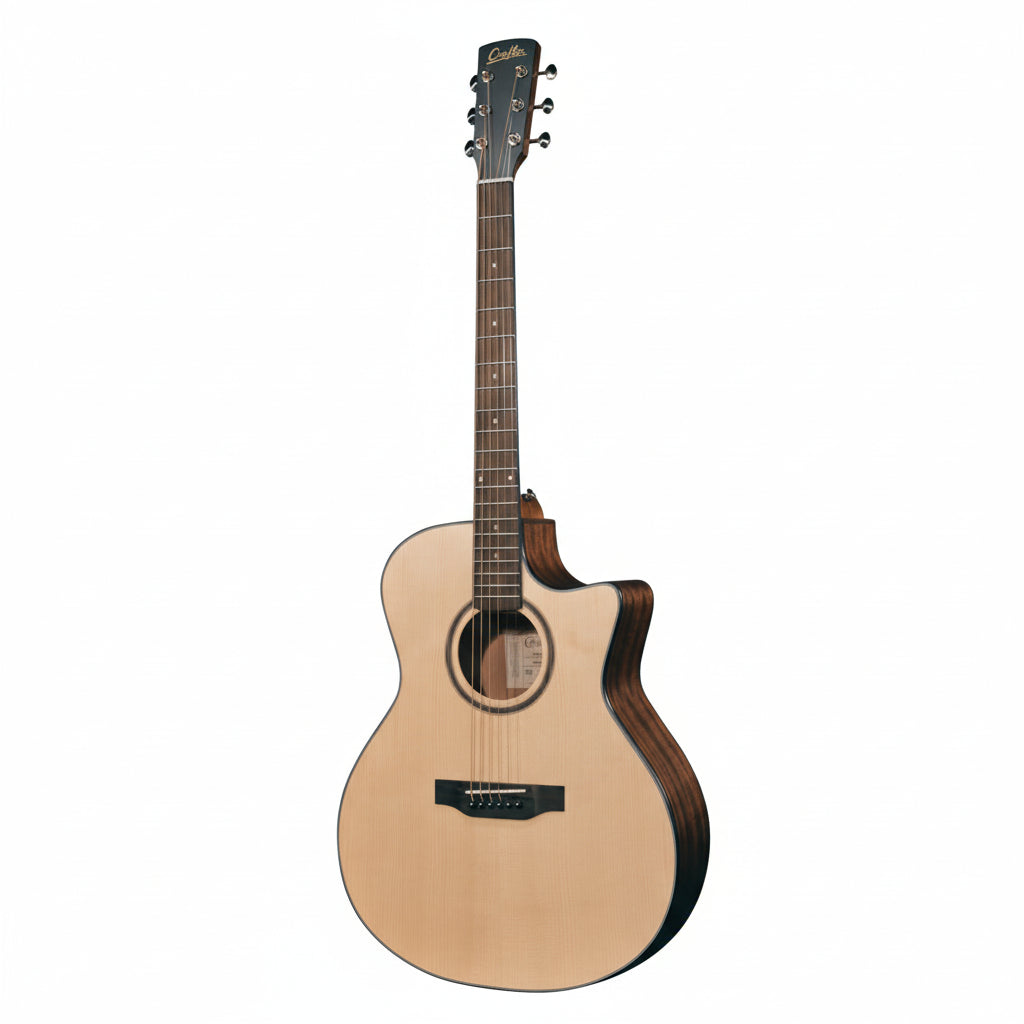 Acoustic guitar with a cutaway on a white background