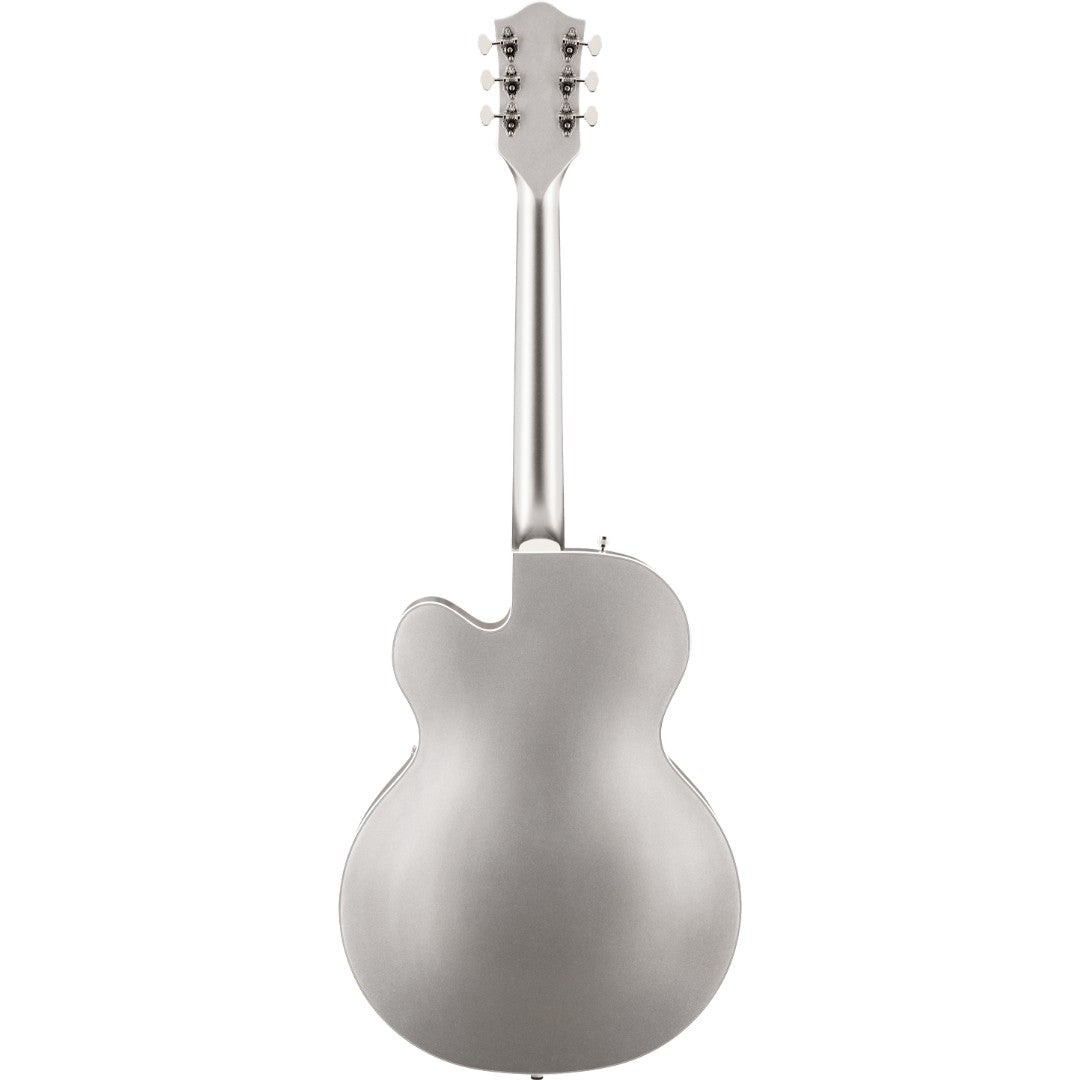 Silver electric guitar on a white background