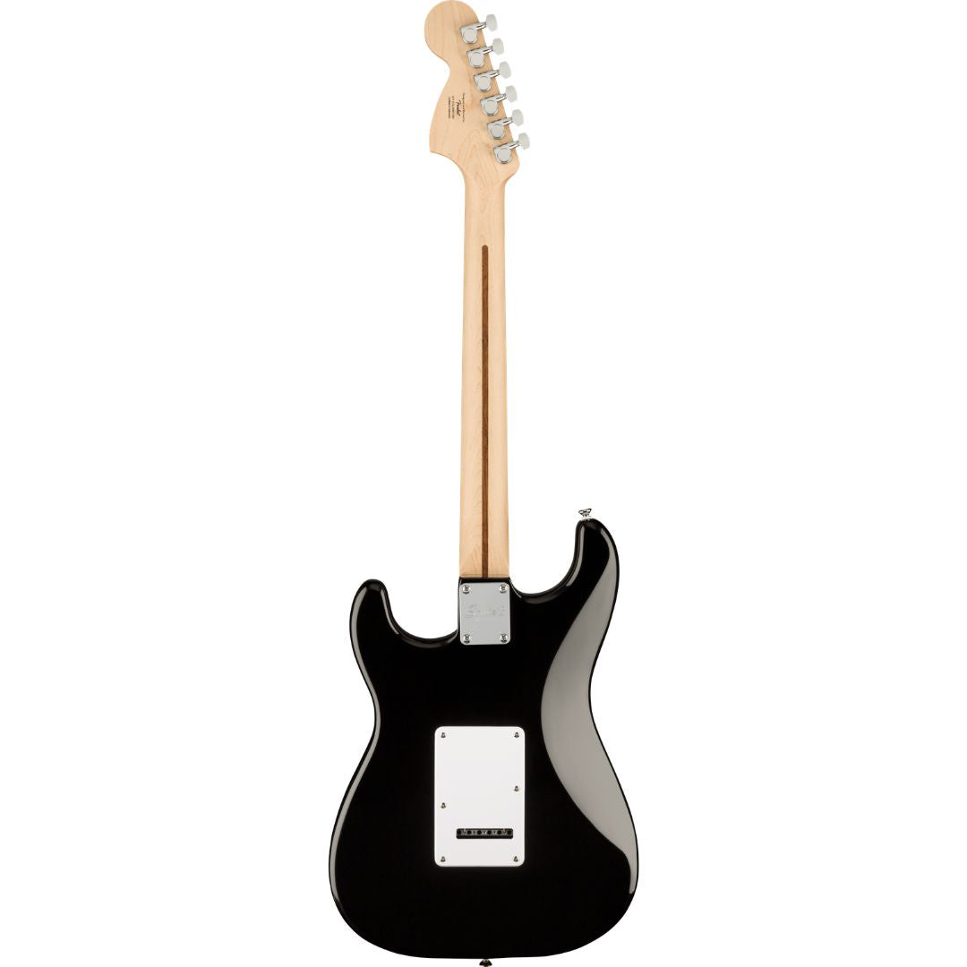 Black electric guitar with a white pickguard on a white background