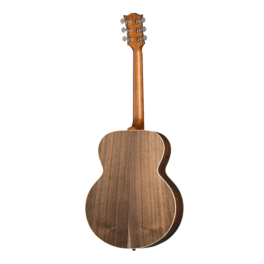 Back view of a wooden acoustic guitar on a white background