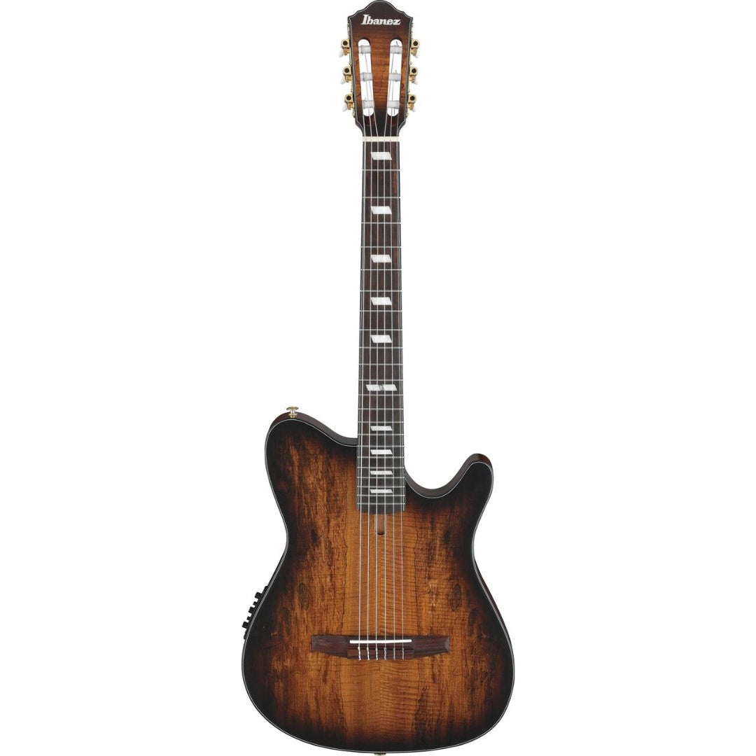 Electric guitar with a sunburst finish on a white background