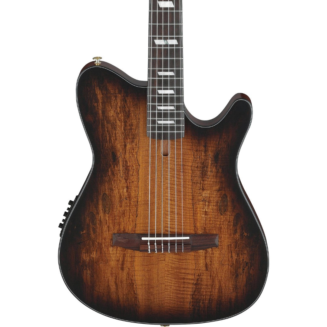 Wooden electric guitar with a brown finish on a white background