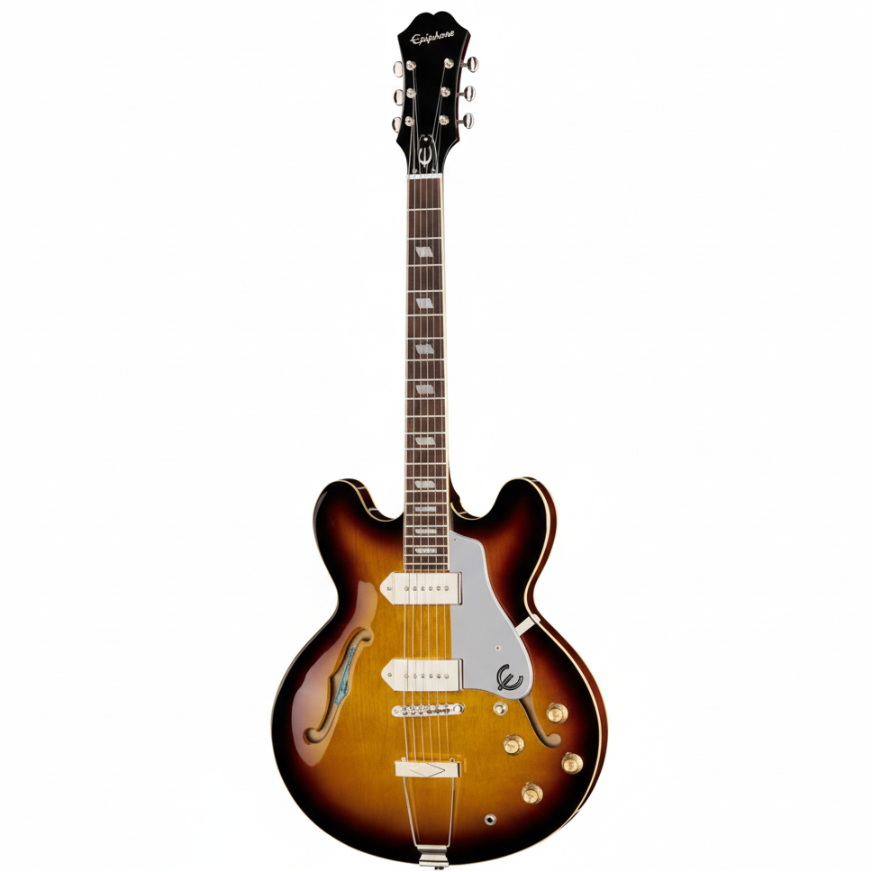 Electric guitar with a sunburst finish on a white background