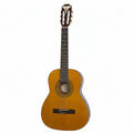 Classical guitar with a wooden body and dark neck on a white background