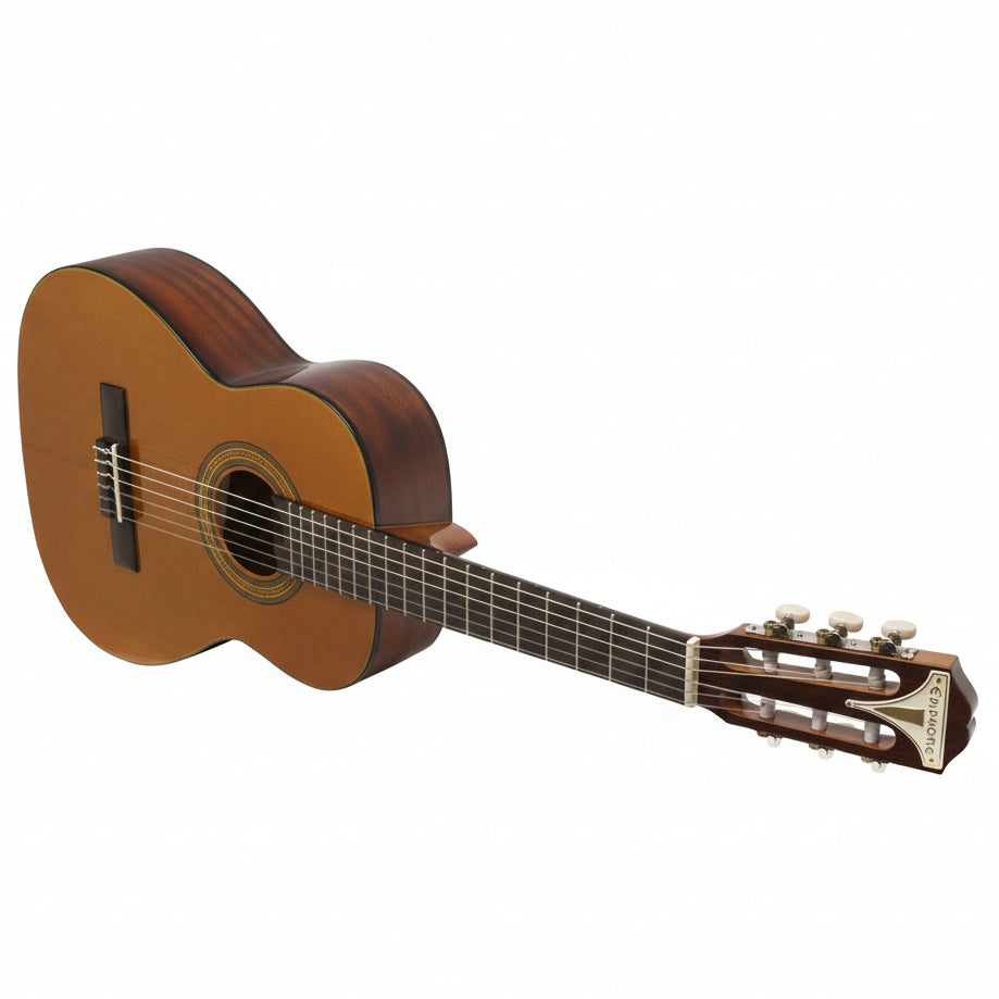 Acoustic guitar with a wooden body and neck on a white background