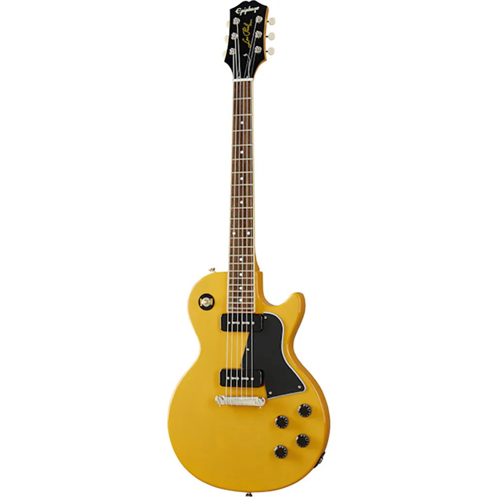 Yellow electric guitar with a black pickguard on a white background