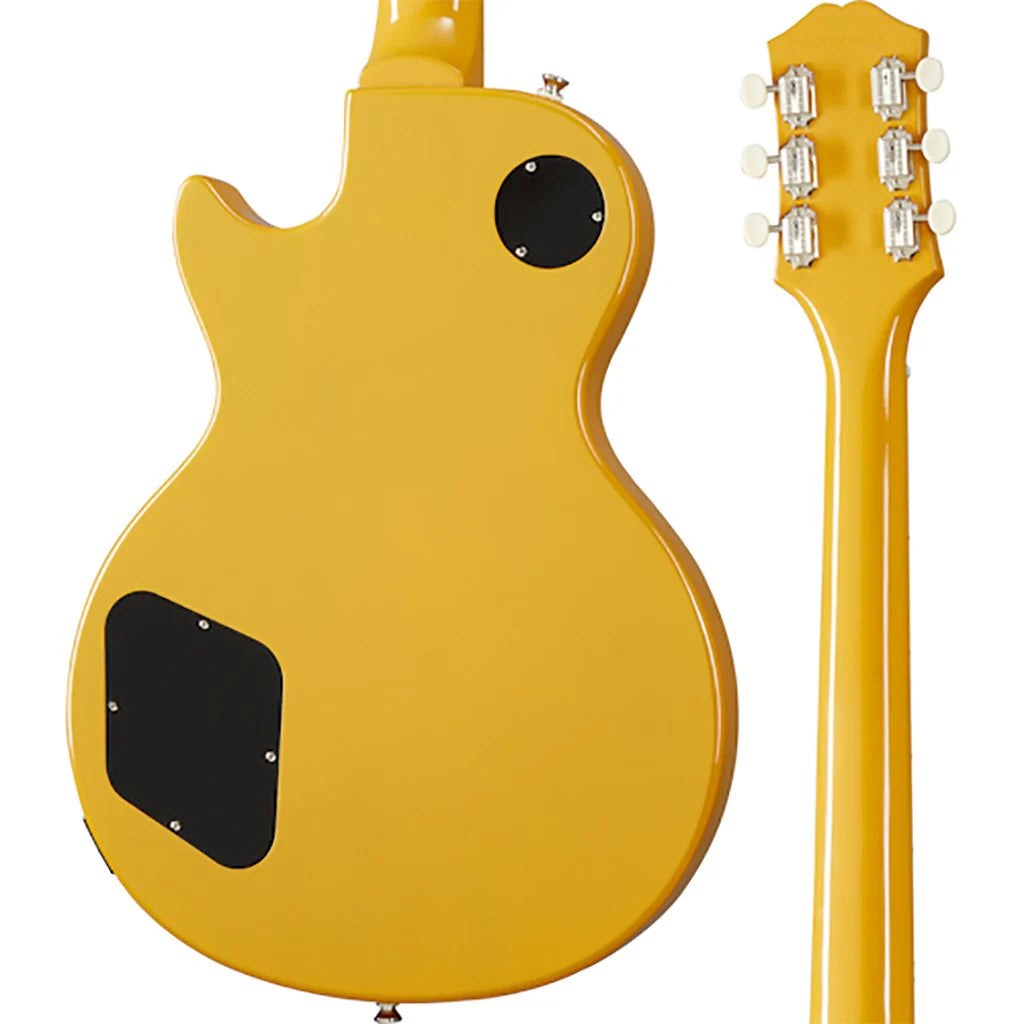 Yellow electric guitar shown from the side and back on a white background