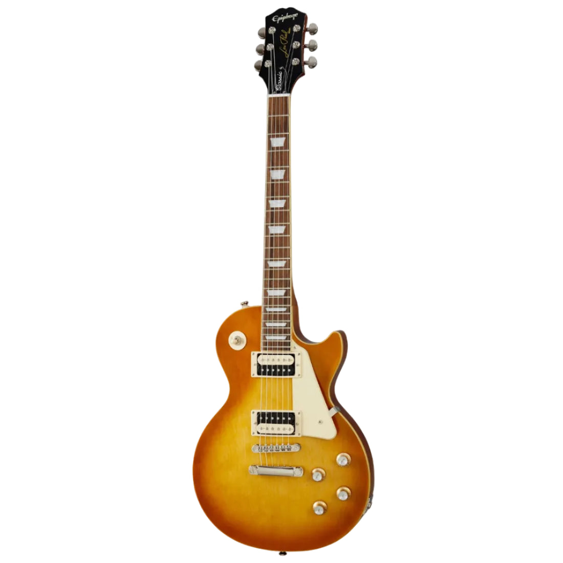 Electric guitar with a sunburst finish on a white background