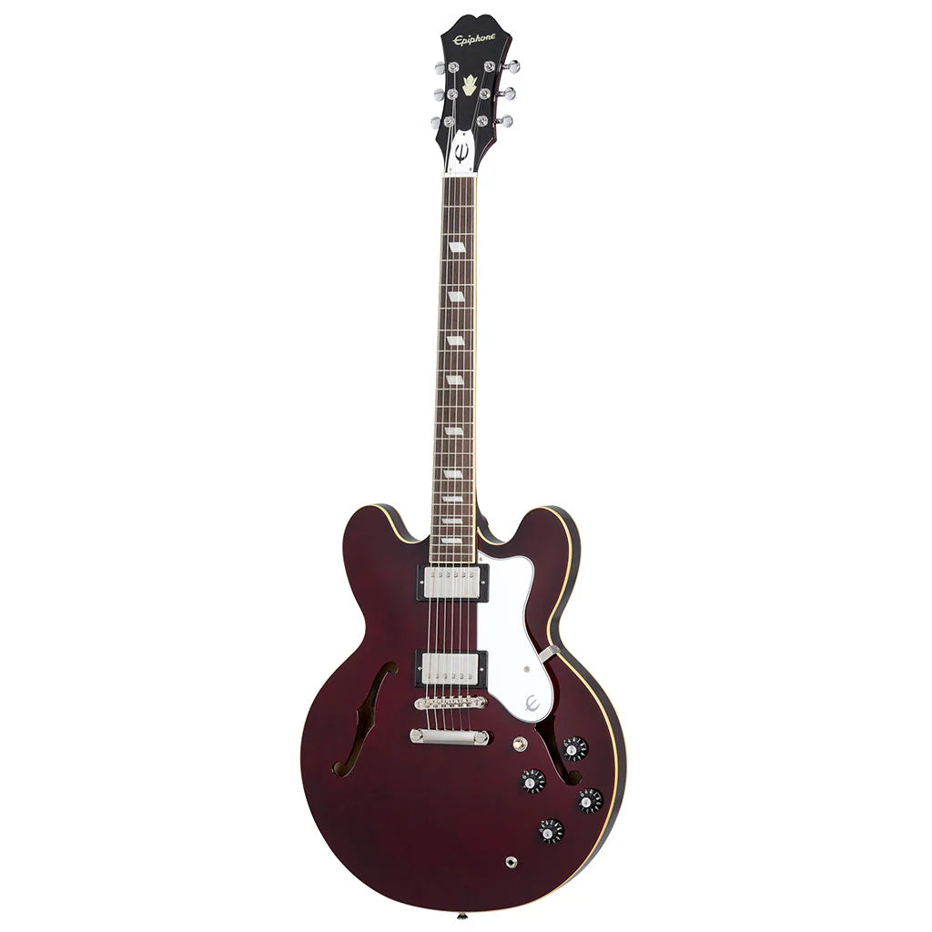 Electric guitar with a maroon body on a white background