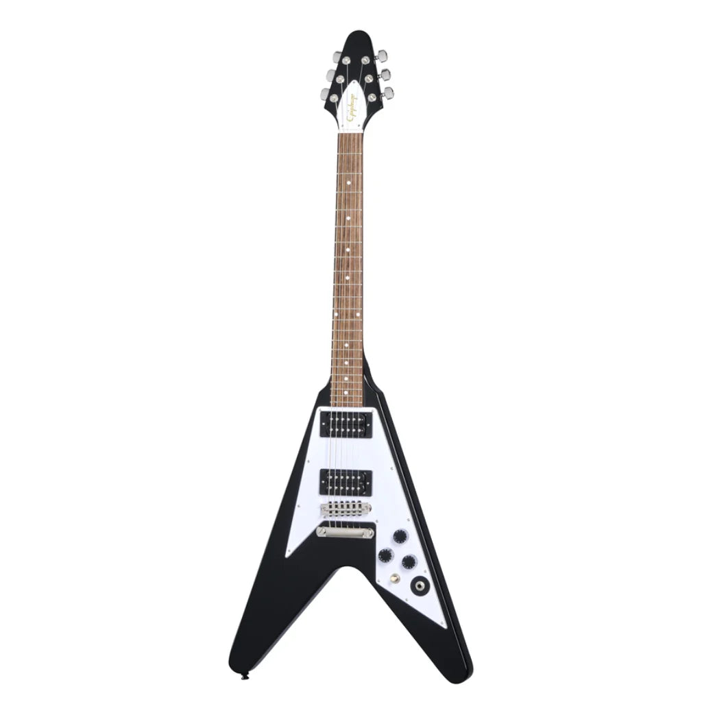 Black and white electric guitar on a white background
