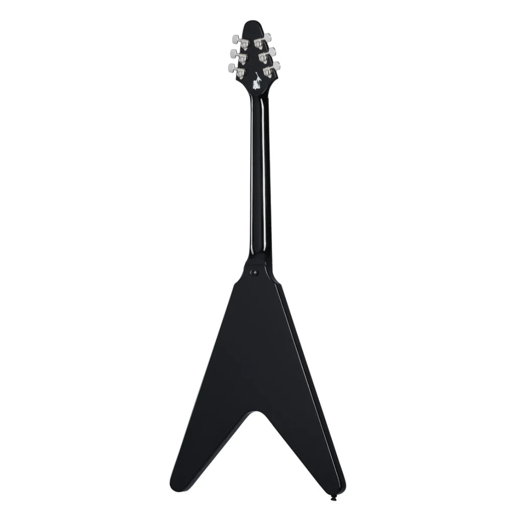 Black guitar with a unique design on a white background