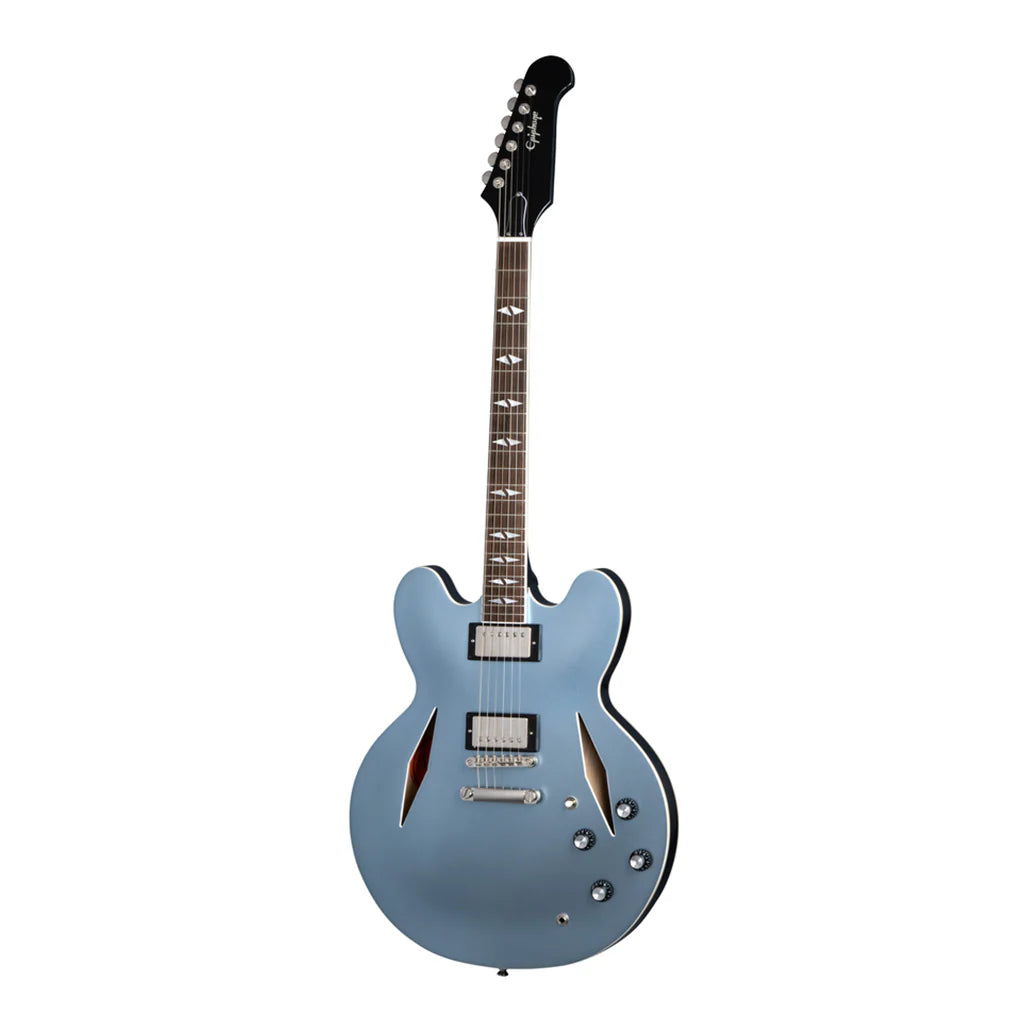Blue electric guitar on a white background