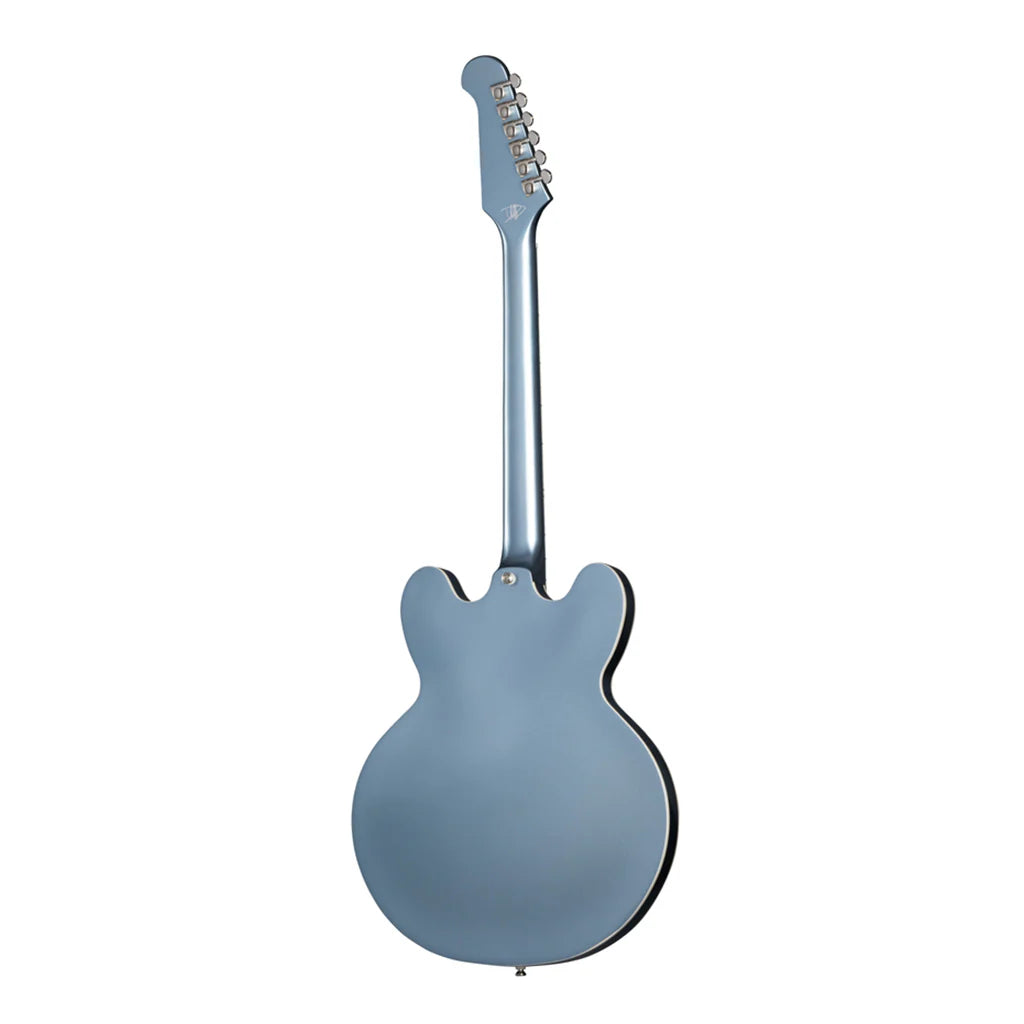 Blue electric guitar on a white background