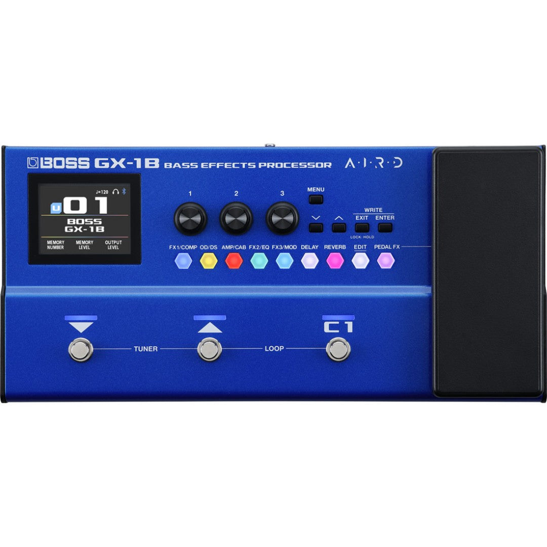 Blue BOSS GX-1B Bass Effects Processor on a white background