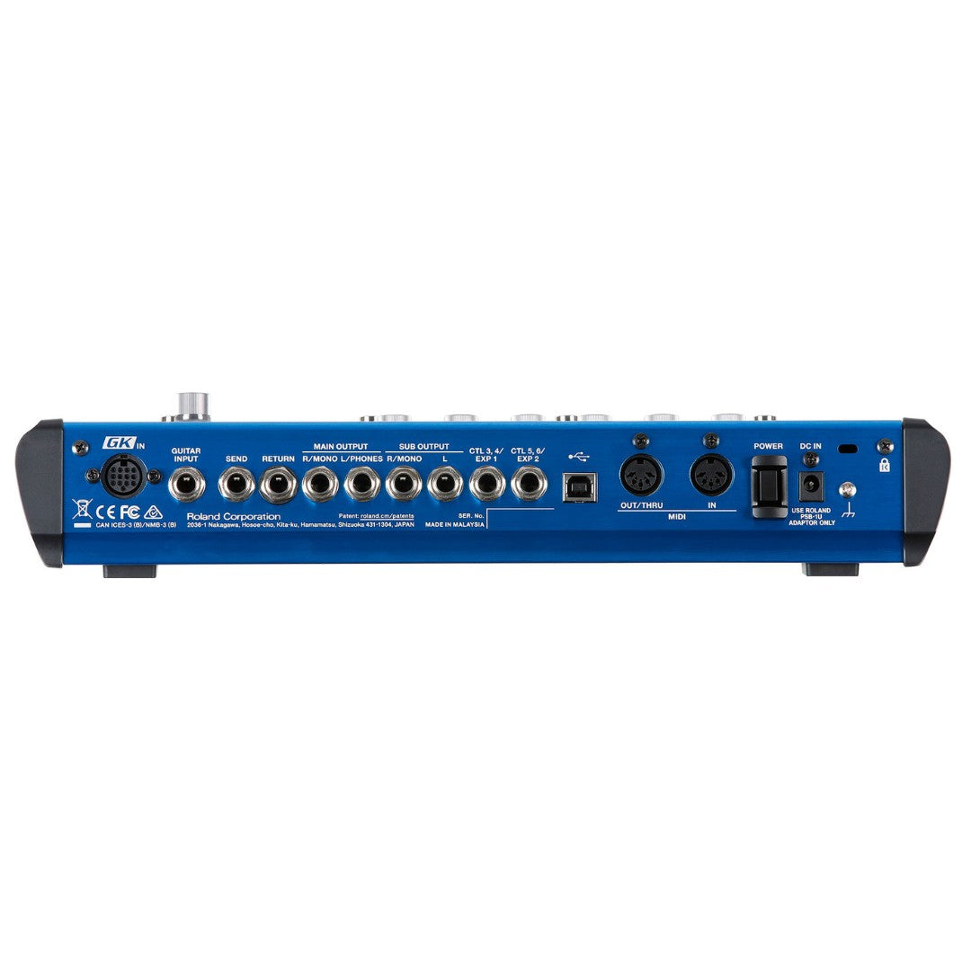 Blue audio mixer with multiple inputs and outputs on a white background