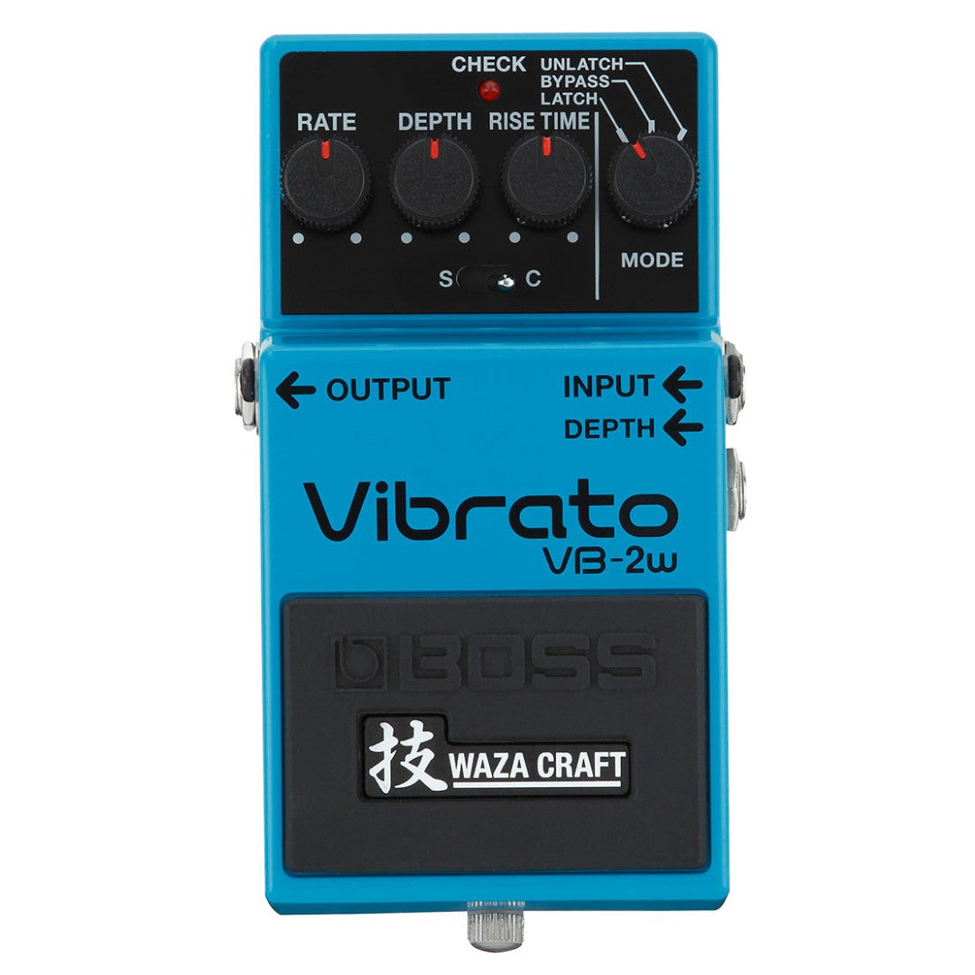 Blue guitar effects pedal with 'Vibrato' branding on a white background