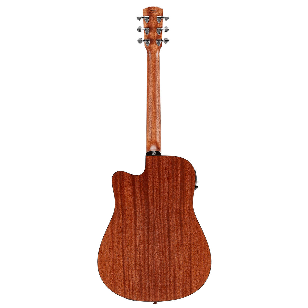 Back view of a wooden acoustic guitar on a white background