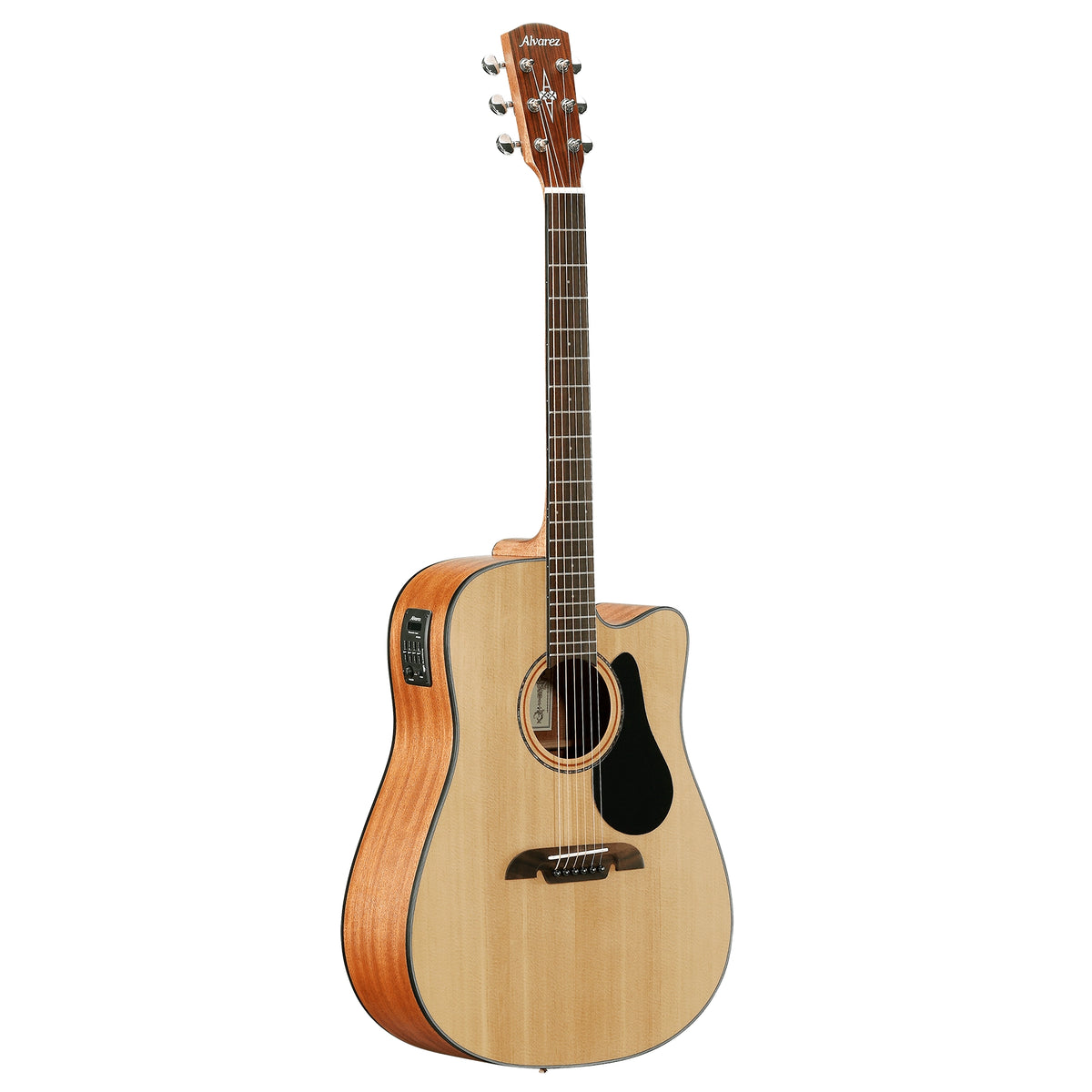 Acoustic guitar with a cutaway on a white background