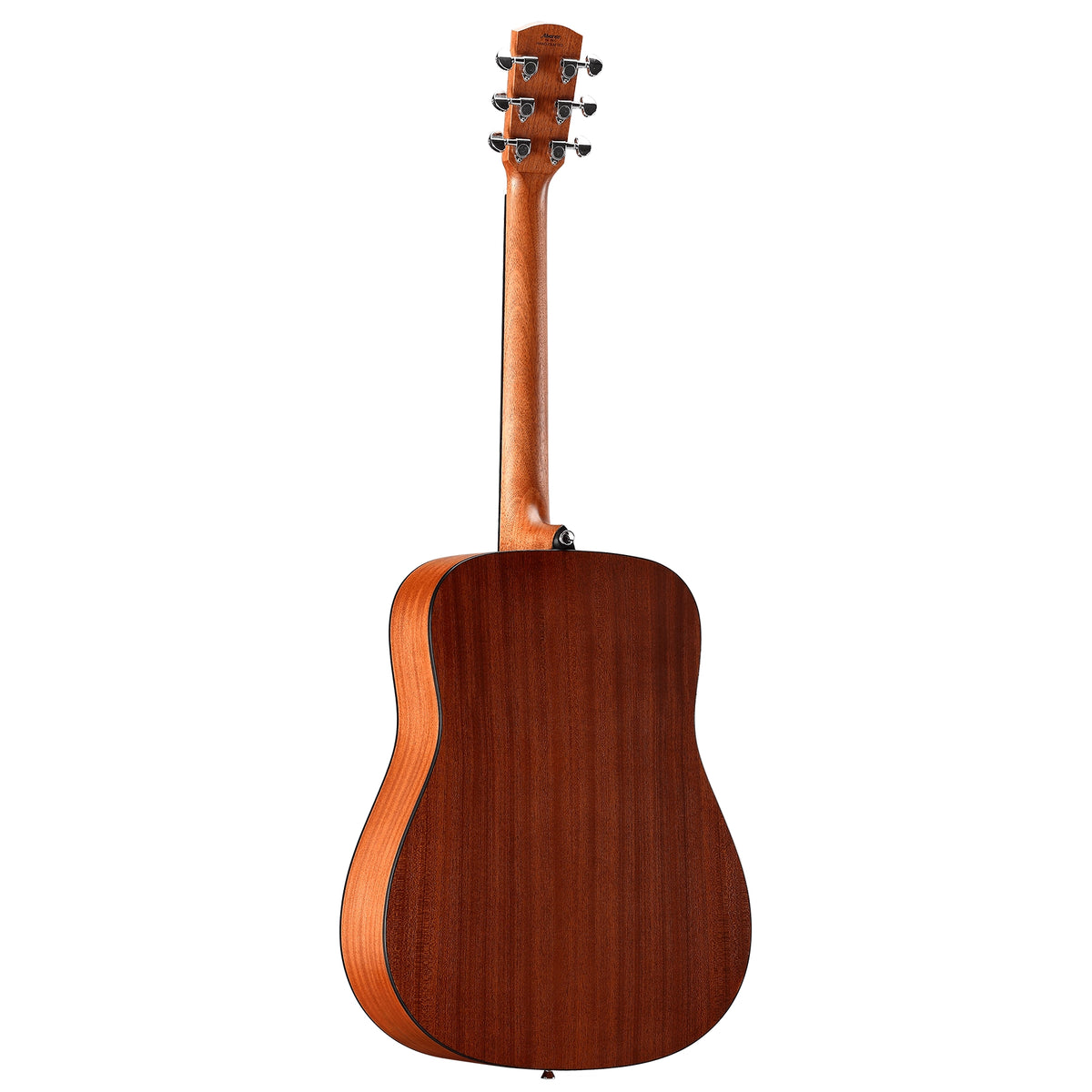 Back view of a wooden acoustic guitar on a white background