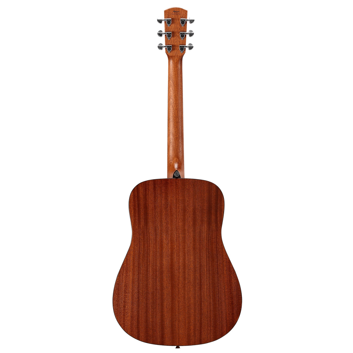 Back view of a wooden acoustic guitar on a white background