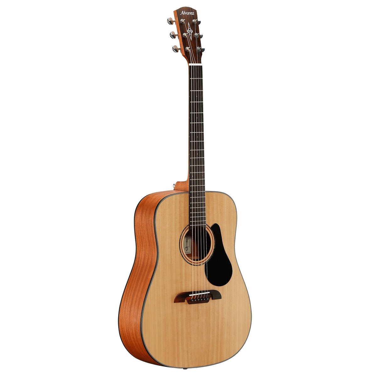 Acoustic guitar with a wooden body and neck on a white background