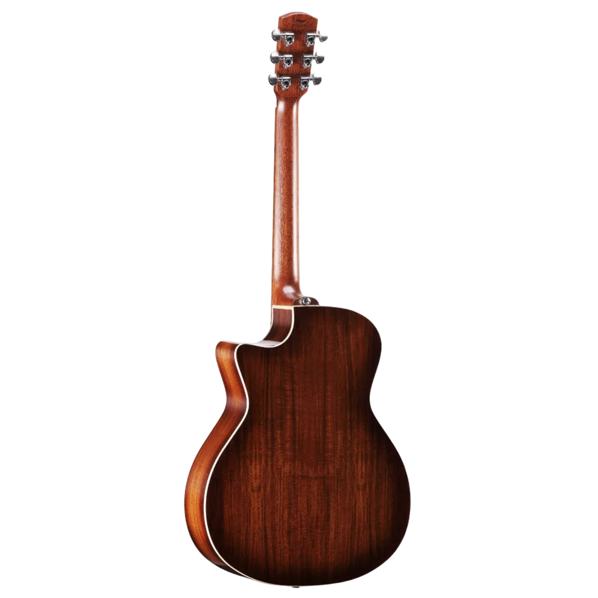 Acoustic guitar with a wooden finish on a white background