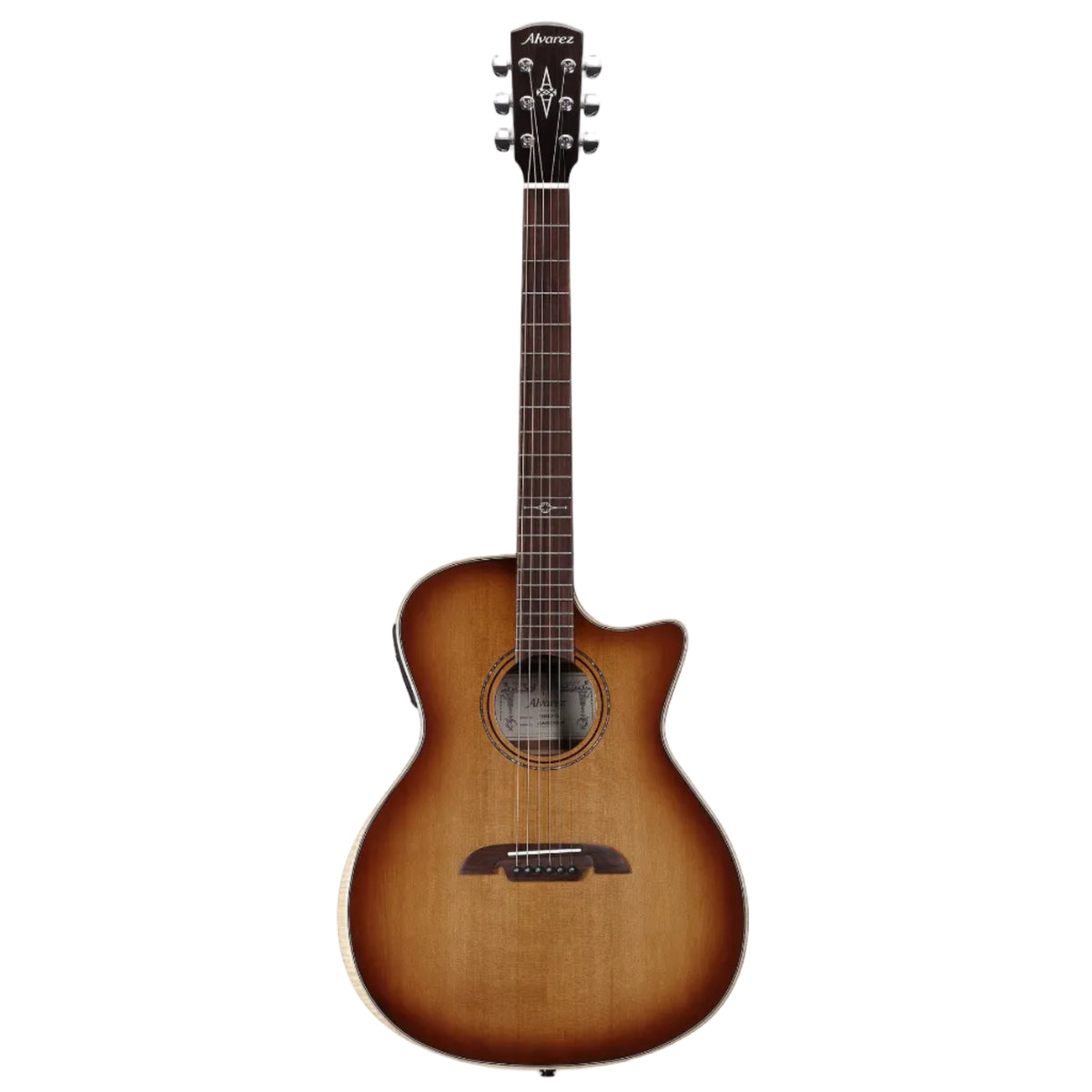 Acoustic guitar with a sunburst finish on a white background