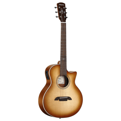 Acoustic guitar with a sunburst finish on a white background