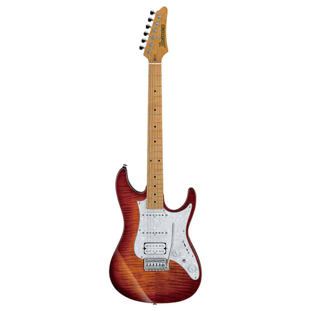 Electric guitar with a sunburst finish on a white background