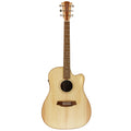 Acoustic guitar with a natural wood finish on a white background