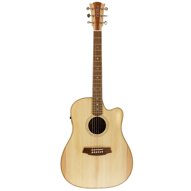 Acoustic guitar with a natural wood finish on a white background