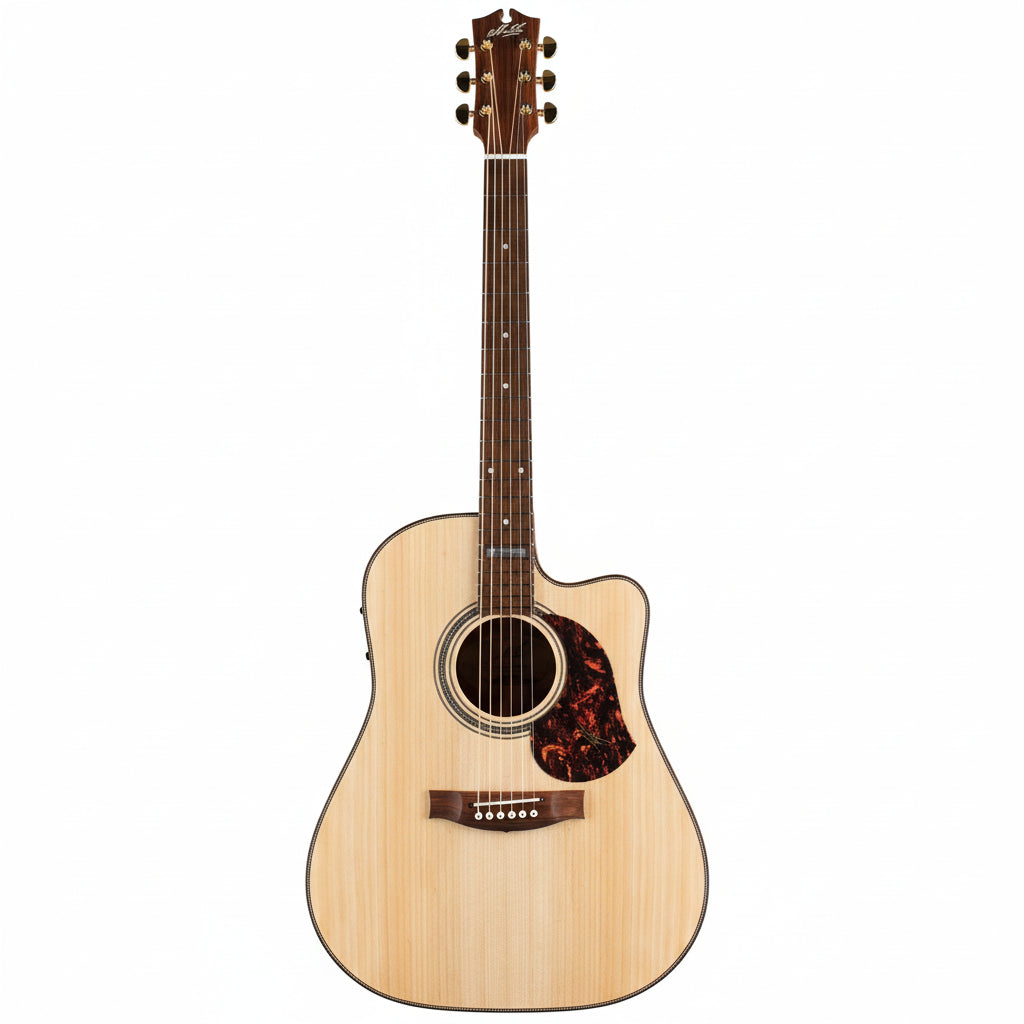 Acoustic guitar with a flame maple top on a white background
