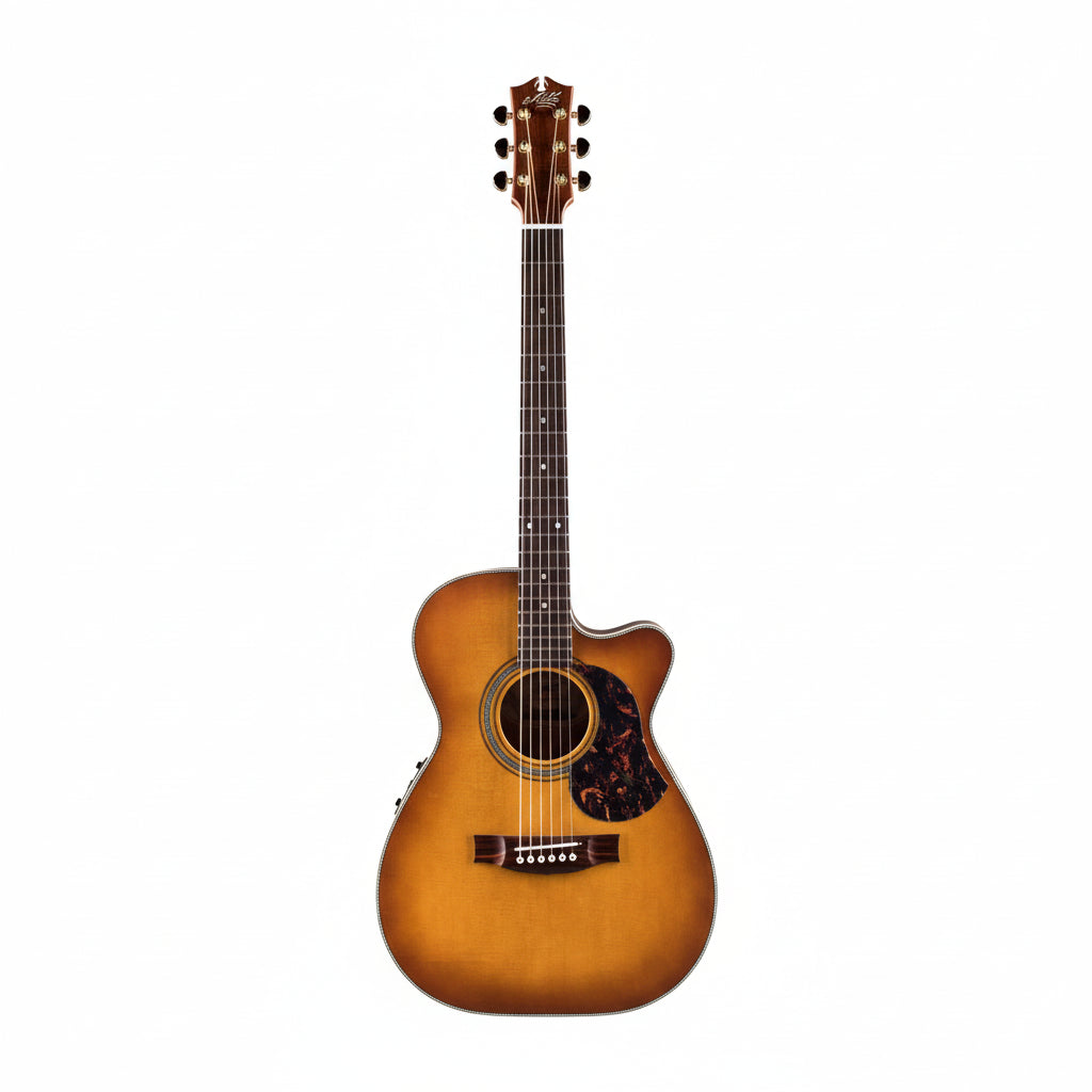 Acoustic guitar with a sunburst finish on a white background