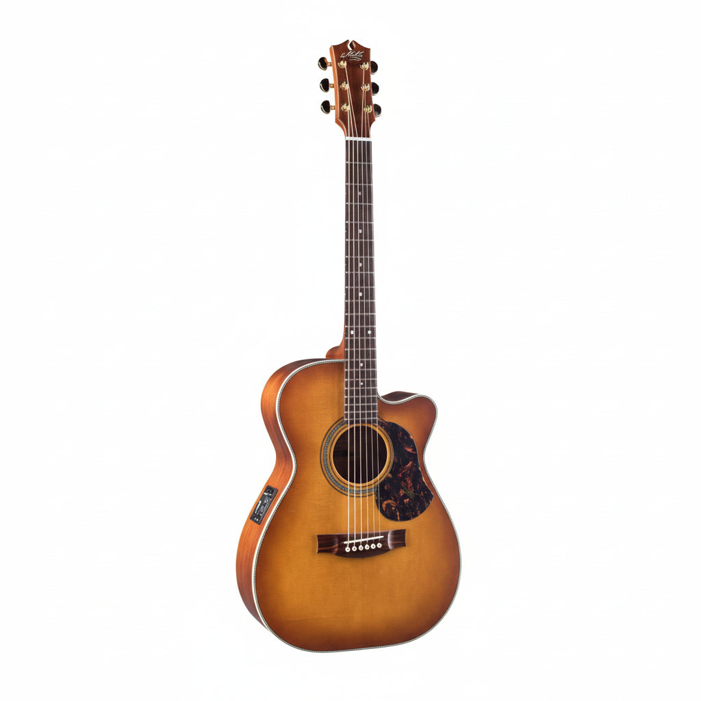 Acoustic guitar with a sunburst finish on a white background