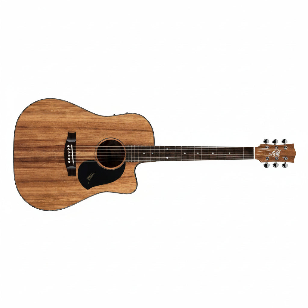 Acoustic guitar with a wooden finish on a white background